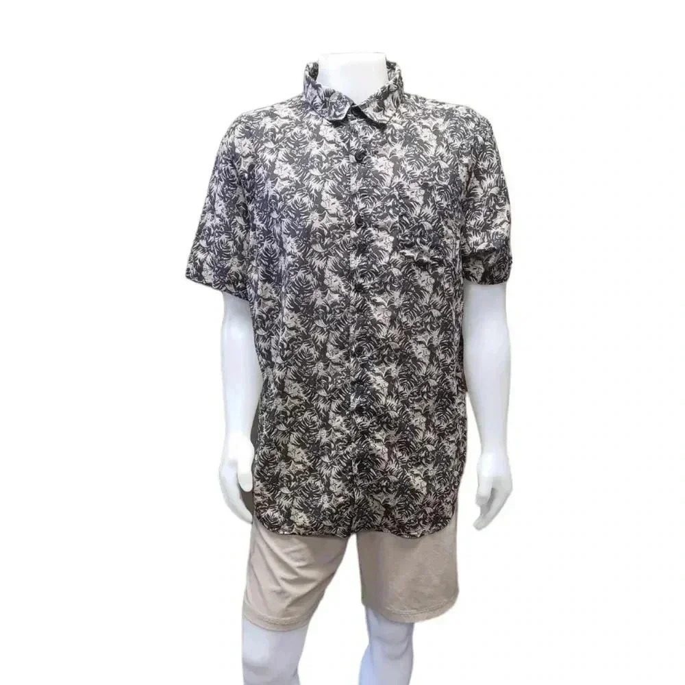 Columbia Button  Down Short Sleeve Black Tan Shirt Size XL